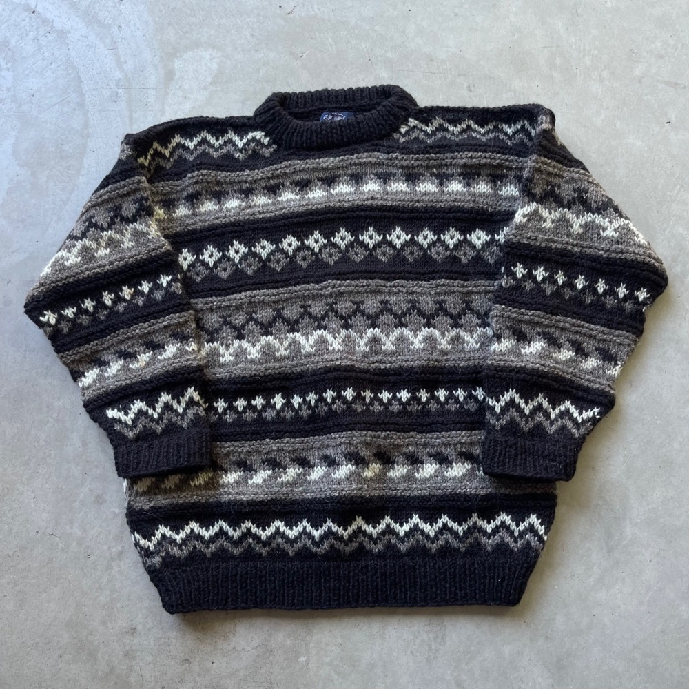 Pole To Pole Imports Vintage Wool Fair Isle Sweater Black Grey Handmade Nepal